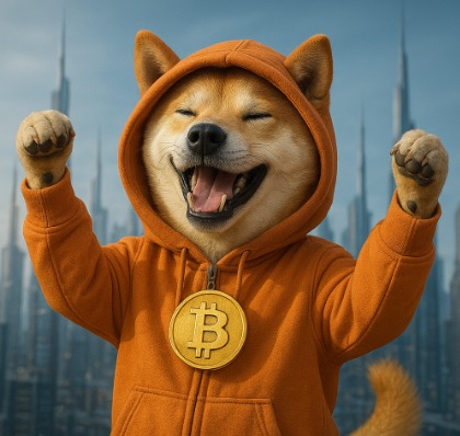 A digital illustration of a smiling Shiba Inu dog wearing an orange hoodie with a Bitcoin medallion, raising its paws joyfully against a futuristic cityscape background.