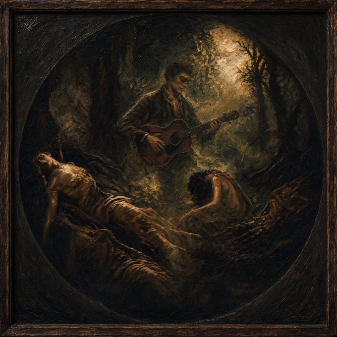 A dark, moody oil painting in a wooden frame depicting a figure playing guitar in a forest, surrounded by reclining figures rendered in classical style.