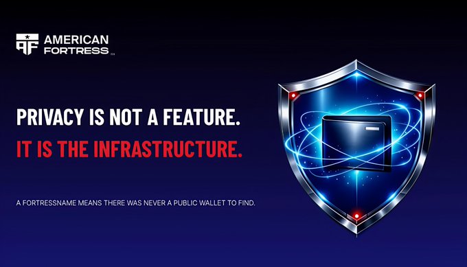 A dark blue promotional graphic for 'American Fortress' displays the tagline 'PRIVACY IS NOT A FEATURE. IT IS THE INFRASTRUCTURE.' alongside a silver shield logo containing a digital wallet icon.