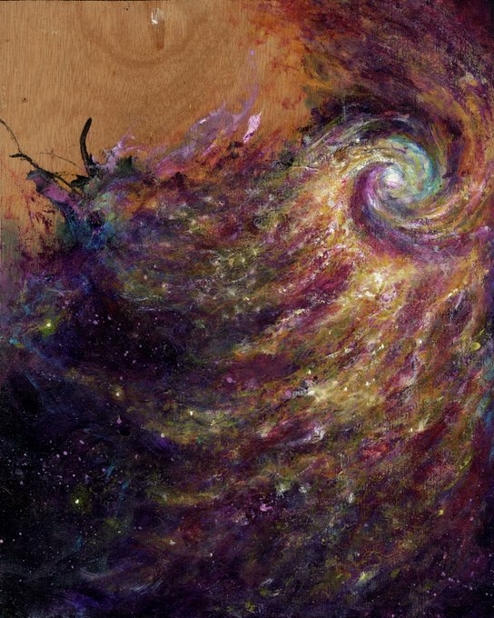 A colorful painting of a swirling galaxy with bright stars against a dark cosmic background.