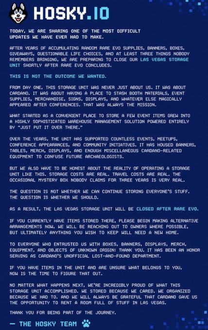 An image featuring a text block with two posts. The first post is titled "Hosky 10", stating that the team is sharing information about their progress or achievements after four years of storing items for Cardano. The other post is named "The Hosky Team" and includes a message expressing gratitude to those who have contributed during their journey, specifically mentioning that the contents of this post are not meant for anyone else but for them alone - they've earned every detail by their efforts.