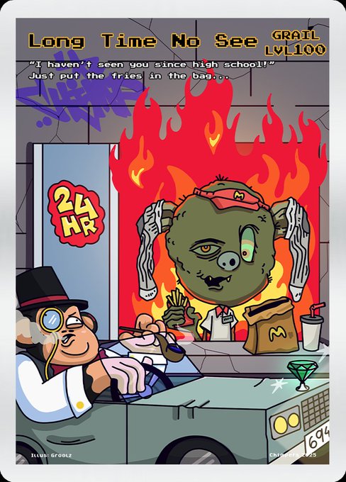 A cartoon NFT-style trading card titled 'Long Time No See' depicting a zombie McDonald's worker with the text 'I haven't seen you since high school!' and 'Just put the fries in the bag...' along with stats like 'GRADE LVL 100' and 'GRAF1'.