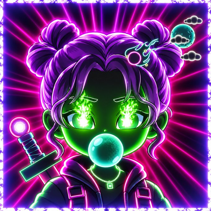 A vibrant, neon-colored digital illustration features an anime-style character with purple hair in twin buns, glowing green eyes, and a bubblegum bubble, set against a radiating pink and purple background.