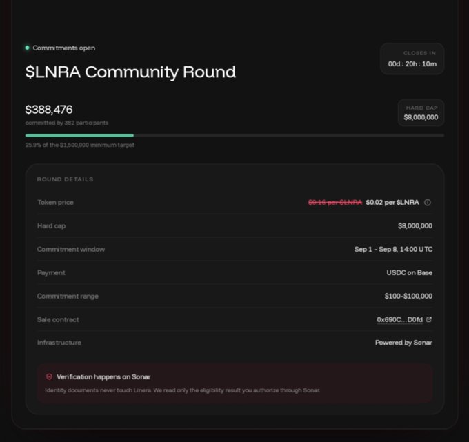 A screenshot of a '$LNRA Community Round' fundraising page showing $388,476 committed by 382 participants, 25.9% toward a $1,500,000 target, with a hard cap of $8,000,000 and a token price of $0.02 per $LNRA.