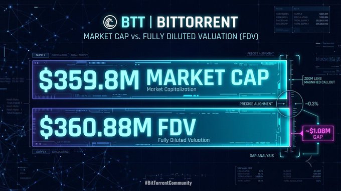 A futuristic digital dashboard displays BTT (BitTorrent) financial metrics, highlighting a Market Cap of $359.8M and a Fully Diluted Valuation (FDV) of $360.88M with just a $1.08M gap between them. The image visually supports the post's emphasis on how market cap and FDV can offer valuable insights beyond just price, showing these valuations are nearly aligned at around $360M for BitTorrent ($BTT).