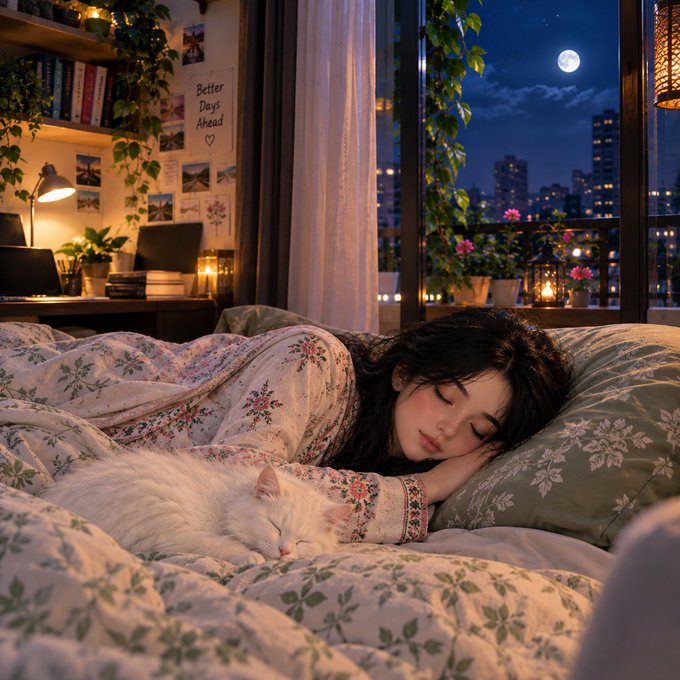 A girl sleeping peacefully on a floral-patterned bed with a white cat beside her, while a 'Better Days Ahead' note is pinned on the wall and a moonlit cityscape is visible through the window.