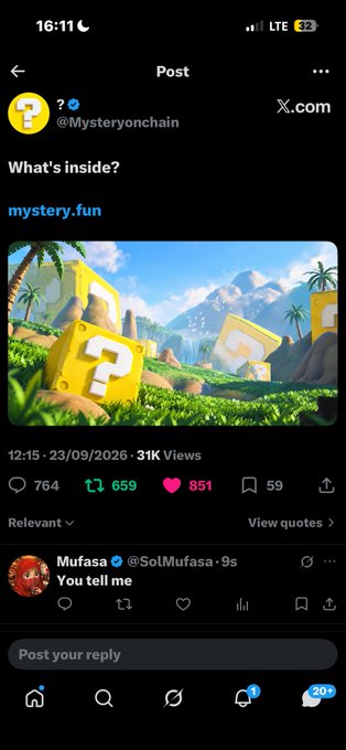 A Twitter/X post screenshot from @Mysteryonchain asking 'What's inside?' with 'mystery.fun' text and a Super Mario-style question mark block landscape image, showing 31K views.