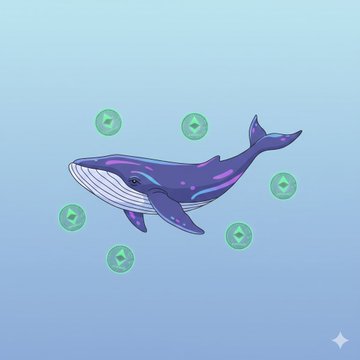 An illustration of a purple and blue whale surrounded by green circular tokens with diamond icons, set against a light blue gradient background.
