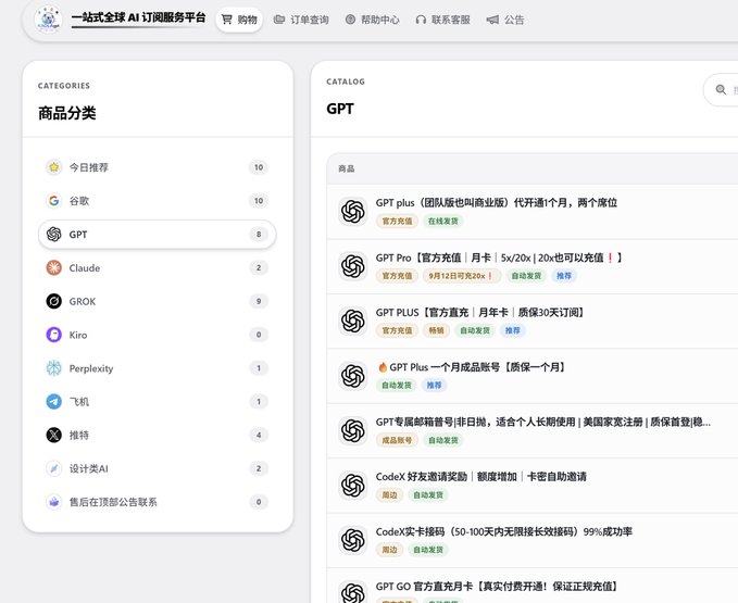 A Chinese AI subscription service website ('一站式全站 AI 订阅服务平台') displays a product catalog for GPT services, with categories including 谷歌, Claude, GROK, and others.