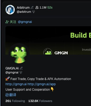 A Twitter profile screenshot for Arbitrum (@arbitrum) showing a follow interaction with GMGN.AI (@gmgnai), which advertises "Fast Trade, Copy Trade & AFK Automation" at gmgn.ai with 132.6K followers.