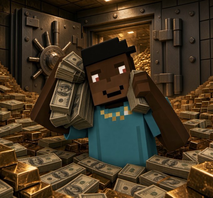 A digitally rendered Minecraft-style character with red eyes and a gold chain holding thick stacks of cash, surrounded by piles of money and gold bars in front of a bank vault.