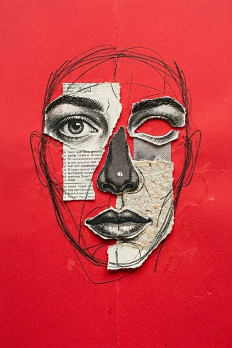 A collage artwork on a red background depicts a face assembled from torn pieces of newspaper, sketches, and textured paper, featuring one detailed eye and a prominent nose.
