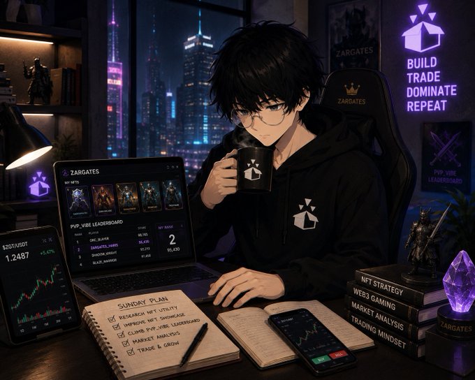 The image features a man sitting at a desk with a laptop open in front of him, holding a coffee cup. The background shows a city skyline, suggesting that he might be working from home or in an urban setting. The caption reads "GM @ZARGATES Family! This Sunday, I'M focused on leveling up my journey in ZarGates. Currently researching how to showcase my NFTs more effectively, increase their value and visibility, and find new ways to stand out within the ecosystem."