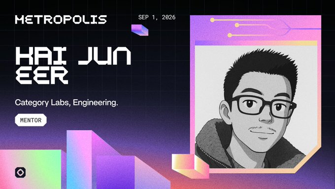A neon-styled profile card for 'KAI JUN [EER]', a Mentor in Category Labs, Engineering, on the 'METROPOLIS' platform, dated SEP 1, 2026.