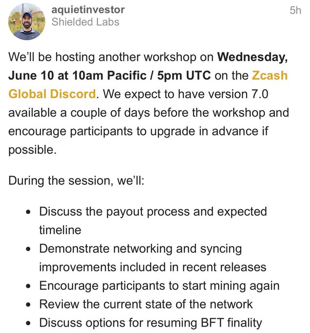 The image shows a flyer for an upcoming workshop titled "Zcash Crosslink Workshop" scheduled for Saturday, June 10th at 5pm Pacific time (10am Eastern Time). The flyer also mentions that there are two sessions available, one on Monday and another on Tuesday. It encourages participants to join the session by sharing their contact information in the comments section below the image.