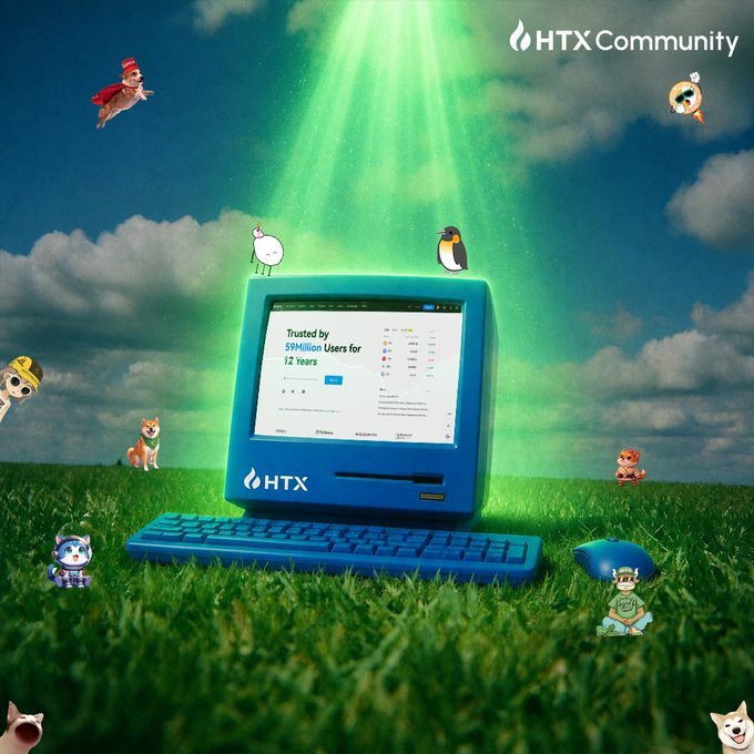 The image features a blue computer monitor with various cartoon characters, including dogs, cats, and birds, surrounding it. The monitor is glowing bright out in the fields, indicating that it's daytime. The caption of the image reads "GM! The #HTX monitor is glowing bright out in the fields today. Let’s log in and capture those big wins together!".