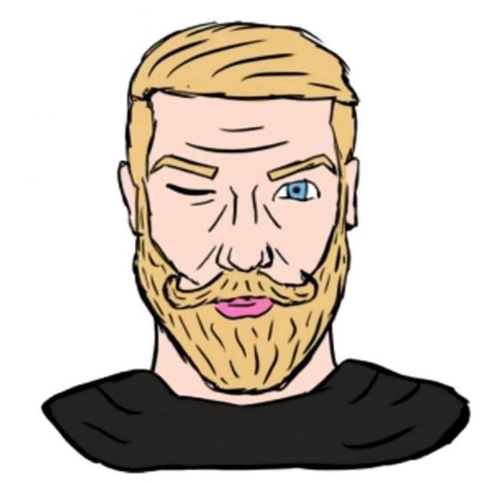 A cartoon-style drawing, known as the 'Nordic Gamer' or 'Yes Chad' meme, depicting a blonde, bearded man winking with a confident expression.