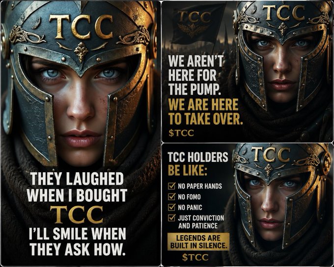 Three promotional graphics for the '$TCC' token featuring a female warrior in a helmet, with text like 'WE AREN'T HERE FOR THE PUMP. WE ARE HERE TO TAKE OVER.' and 'THEY LAUGHED WHEN I BOUGHT TCC.'
