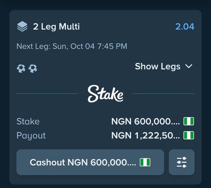 A Stake sports betting screenshot shows a 2-leg multi bet with combined odds of 2.04, a stake of NGN 600,000, and a potential payout of NGN 1,222,500, with the next leg scheduled for Sunday, October 4 at 7:45 PM. The "Boom incoming" caption reflects the user's confident anticipation of a winning payout on their active multi-bet slip.