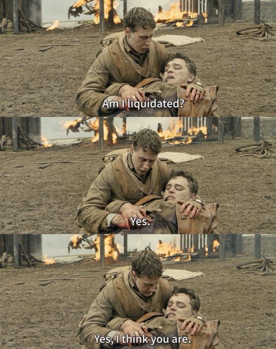 A three-panel meme from a war film where one soldier asks 'Am I liquidated?' and is answered 'Yes' and 'Yes, I think you are.'