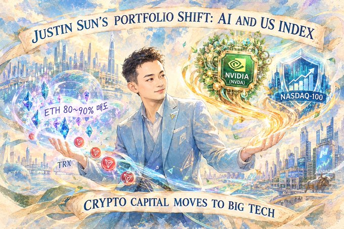 An illustrated image titled 'JUSTIN SUN'S PORTFOLIO SHIFT: AI AND US INDEX' showing a man in a suit holding symbols representing crypto (ETH, TRX) and tech stocks (NVIDIA, NASDAQ-100).