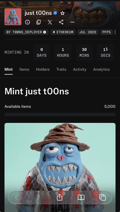 Mobile view of the "just t00ns" NFT mint page showing a blue monster character with a brown wizard-style hat, displaying a countdown of 0 days, 1 hour, 30 mins, 11 secs with 5,000 available items.