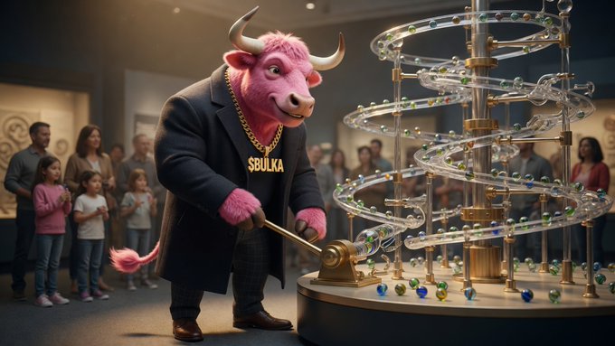 A pink bull mascot wearing a black suit, gold chain with 'SBULKA' pendant, and plaid pants operates a complex marble run contraption while a crowd of onlookers watches.