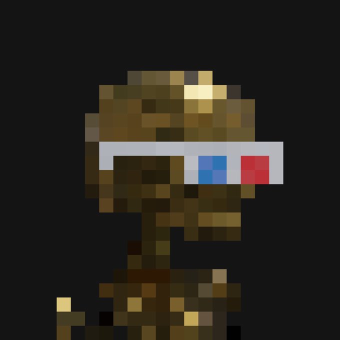 A pixelated illustration depicts a brown dog-like figure wearing 3D glasses with blue and red lenses against a dark background.