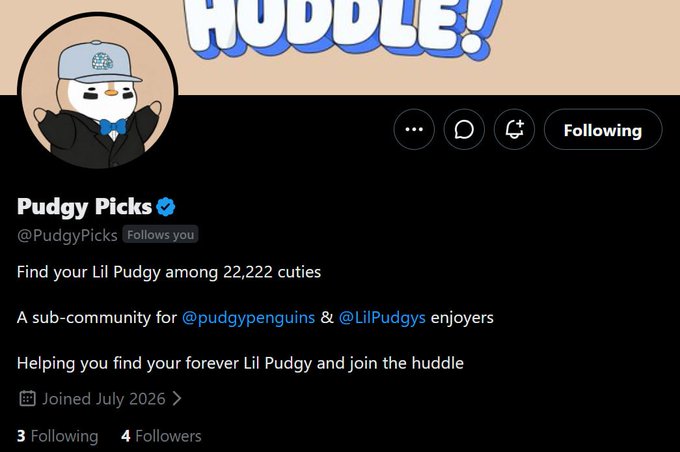 A Twitter/X profile screenshot for "Pudgy Picks" (@PudgyPicks), a verified account with 4 followers and 3 following, featuring a penguin mascot in a cap and bowtie, with a bio reading "Find your Lil Pudgy among 22,222 cuties • A sub-community for @pudgypenguins & @LilPudgys enjoyers • Helping you find your forever Lil Pudgy and join the huddle." The image relates to the post by showing the mysterious account the user just discovered, revealing it's a small NFT sub-community hub for Pudgy Penguins collectors.