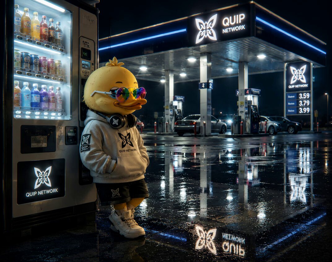 The image features a cartoon duck standing next to a gas station at night with its reflection visible in the window of the gas pump. The focus of the image seems to be more on the duck than the actual gas station, making it an interesting and unique composition.