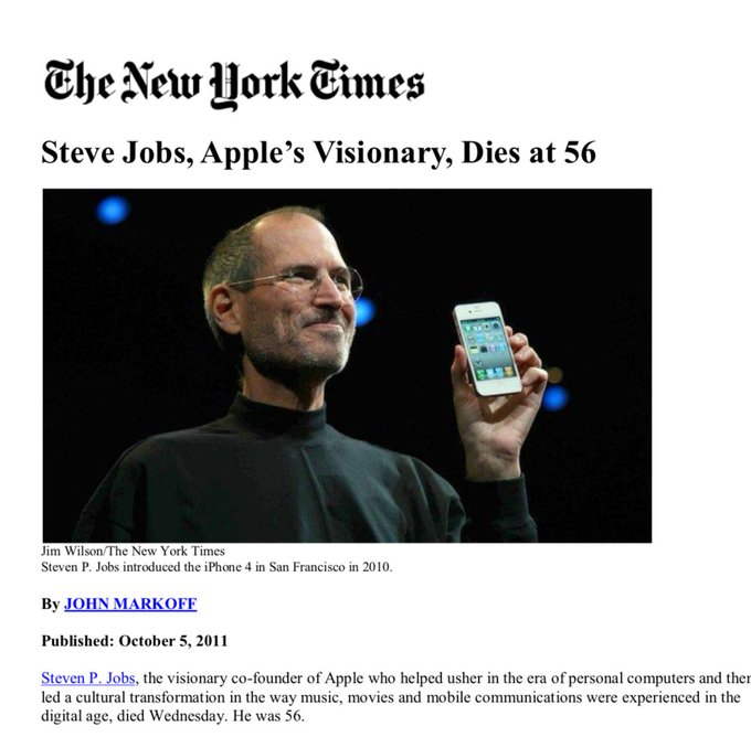 A New York Times article screenshot with the headline 'Steve Jobs, Apple's Visionary, Dies at 56', showing him holding an iPhone 4, dated October 5, 2011.