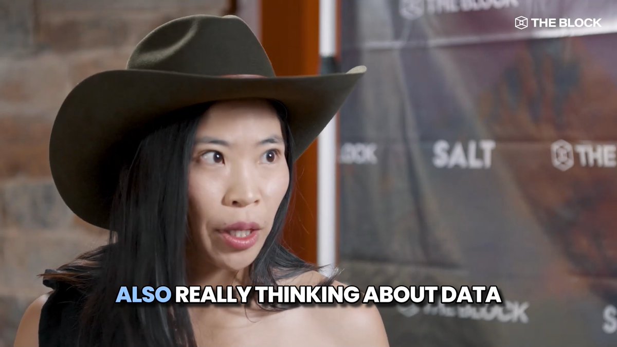 A woman wearing a dark cowboy hat speaks during an interview, with subtitles reading "ALSO REALLY THINKING ABOUT DATA" and "THE BLOCK" and "SALT" visible on the backdrop behind her, supporting the post's commentary on government data sovereignty concerns expressed by FilFoundation's tweetclarita.