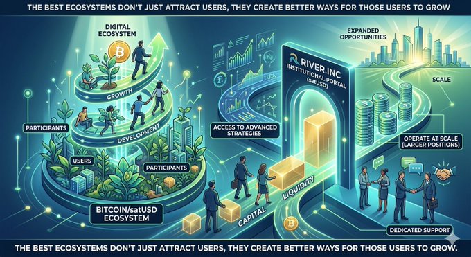 The image features a large, colorful illustration of a business ecosystem with various elements such as people, buildings, and plants. The main focus of the image is a poster that reads "Happy afternoon The best ecosystems don' t just attract users They create better ways for those users to grow With the satUSD institutional portal @RiverdotInc is expanding access to advanced strategies larger positions and dedicated support for participants looking to". This poster highlights the importance of ecosystem-based approaches in business, emphasizing how they can help businesses expand their reach and cater to a wider audience.