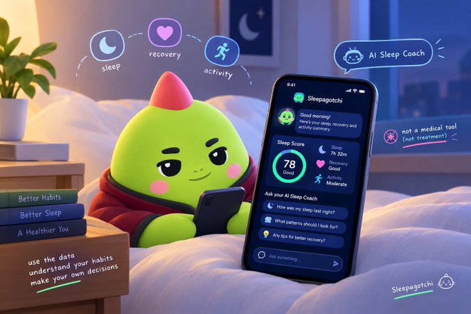 A 3D-rendered advertisement showing a green character next to a smartphone displaying the "Sleepagotchi" app interface, which includes an "AI Sleep Coach" and a Sleep Score of 78.