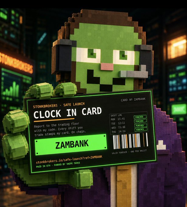A pixelated green character with a headset holds up a "CLOCK IN CARD" from StonkBrokers featuring the code "ZAMBANK," set against a dark cityscape with a neon "STONKBROKERS" sign in the background. The image ties into the post by showcasing the StonkBrokers "Safe Launch" platform mentioned, where users like the poster are purchasing tokens such as $SMOOVIE using the refereed launch system.