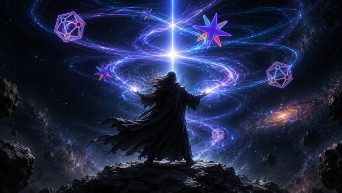 A fantasy digital artwork depicting a hooded figure in dark robes standing on a rocky outcrop in space, channeling cosmic blue energy with glowing polyhedral and star-shaped symbols orbiting around them.