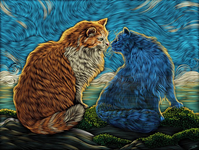 A digital illustration in a swirling, Van Gogh-inspired style shows a large orange tabby cat facing a blue cat, sitting together against a dynamic blue sky.