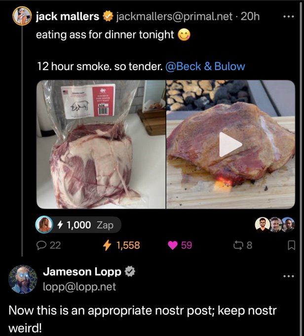 A Nostr social media post by Jack Mallers showing raw meat being prepared for a 12-hour smoke, with a reply from Jameson Lopp saying "Now this is an appropriate nostr post; keep nostr weird!"