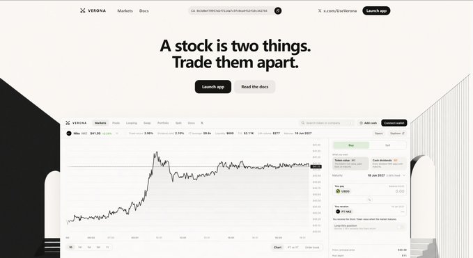The image shows the Verona Protocol landing page with the headline "A stock is two things. Trade them apart," featuring a trading interface for tokenized stock VRONA trading at $41.05 with a market cap of $2.6m, illustrating the derivatives protocol that splits tokenized stocks into separate components for trading.