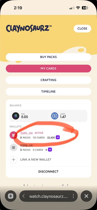 A mobile screenshot of the 'CLAYNOSAURZ' app interface showing a balance of 0.05 ETH and 1.47 USDC, with a red circle drawn around the active 'ZUM1...GA' wallet showing 112 cards and 22,400 $RB.
