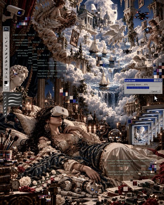 A complex digital artwork or AI-generated image showing a woman reclining in a luxurious setting, with a VR headset, Photoshop interface elements, and elaborate fantasy architecture including a 'Loading...' dialog box.