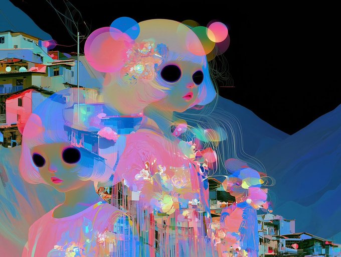 A vibrant, surreal digital artwork showing two large, glowing, distorted female faces with hollow black eyes floating over a colorful hillside village at night.