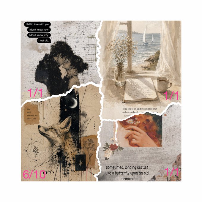 A collage of four romantic, vintage-style illustrations with text snippets like 'I fell in love with you' and 'Sometimes, longing settles like a butterfly upon an old memory,' featuring couples, a wolf, and a seaside view.