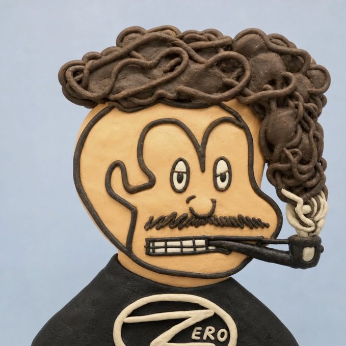 A cookie or cake decoration depicting a cartoon man with curly dark hair holding a pipe in his mouth, wearing a shirt with 'Z' and 'ERO' visible.