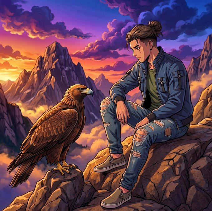 An anime-style illustration depicts a young man with a man bun sitting on a rocky mountain peak next to a large golden eagle against a colorful sunset sky.