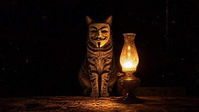 A tabby cat sits next to a glowing vintage oil lamp in a dark setting, with an Anonymous (Guy Fawkes) mask overlaid on the cat's face.