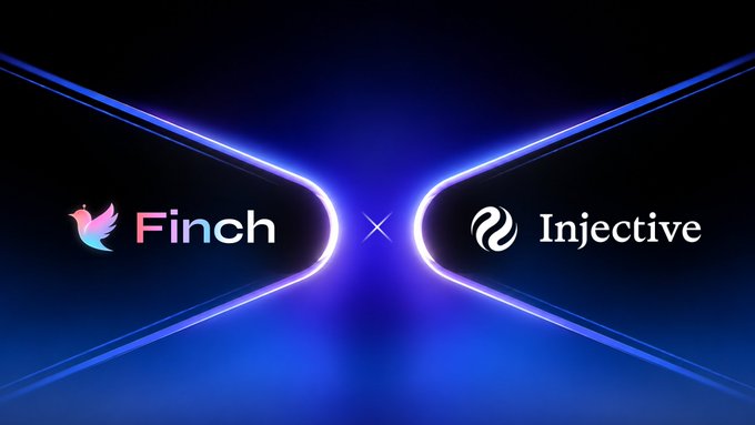 A dark blue promotional graphic displays the “Finch” logo and the “Injective” logo facing each other, separated by an “×” between glowing hourglass-like shapes.