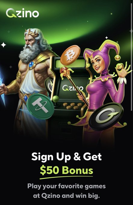 This promotional image for Qzino features a Zeus-like figure and a jester holding coins like Bitcoin and Tether, promoting a $50 sign-up bonus and weekly races with over $250,000 already paid out.