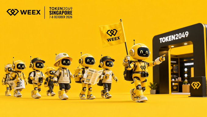 A lineup of cheerful yellow WEEX mascot robots holding flags and event materials march toward the TOKEN2049 entrance, promoting the crypto exchange's booth presence (PB1-23, PB1-28) at the Singapore conference on 7-8 October 2026, where attendees can claim exclusive swag by engaging with their social media post.