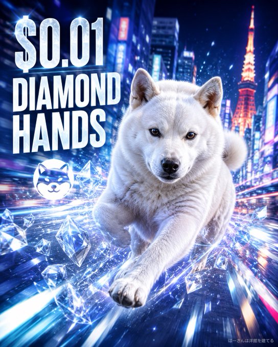 A promotional graphic titled '$0.01 DIAMOND HANDS' featuring a white husky running forward with a stylized Tokyo cityscape and Tokyo Tower in the background, with a small Shiba Inu logo.